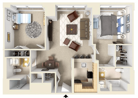 Floor plan for 2 beds, 2 baths, 1162 sqft